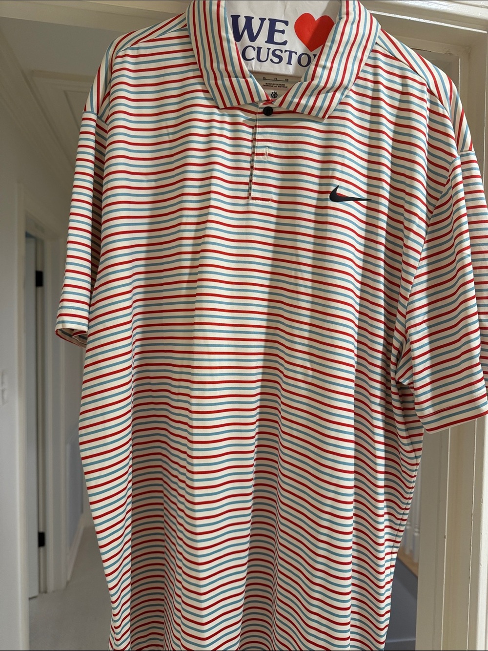 Nike Men’s White Polo with Red & Teal Stripes